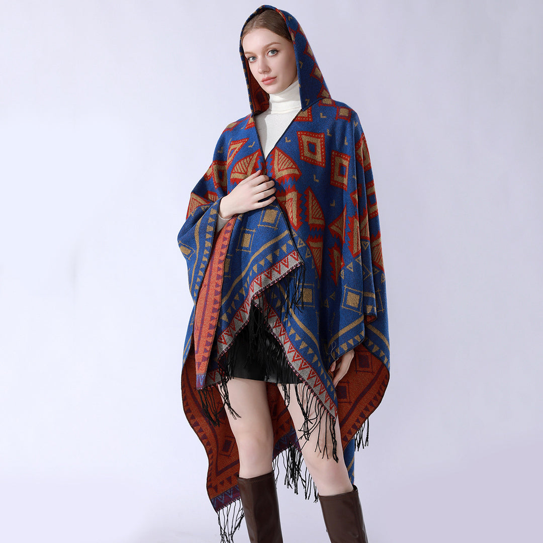 Damen Zweilagiger Kapuzen-Überwurf mit asymmetrischem Fransensaum und geometrischem Jacquard Drune