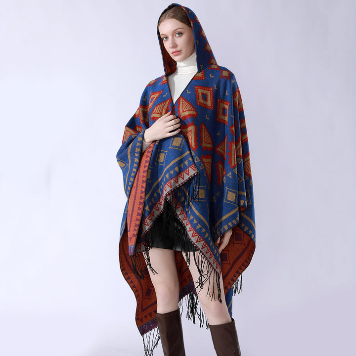 Damen Zweilagiger Kapuzen-Überwurf mit asymmetrischem Fransensaum und geometrischem Jacquard Drune