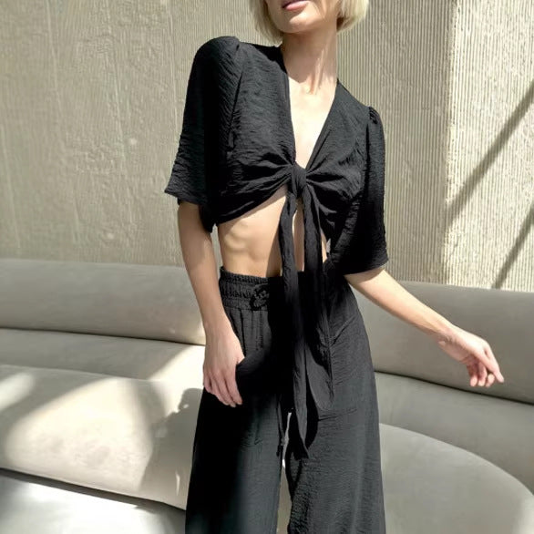 Damen lässiges Crop-Top und weite High-Waist-Hose Set Drune