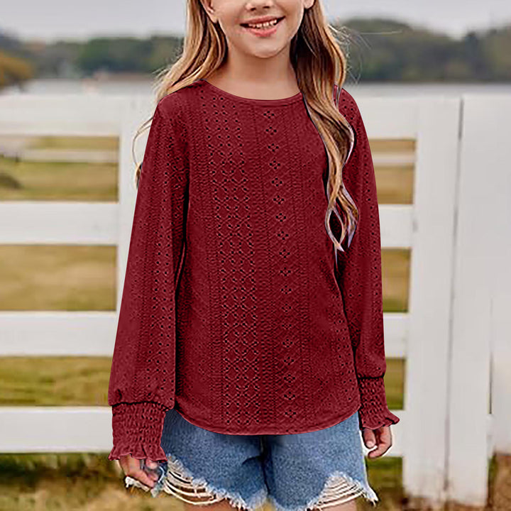 Damen Ajourgestricktes Oversize-Pullover-Shirt mit Ballonärmeln und Rüschenbündchen Drune