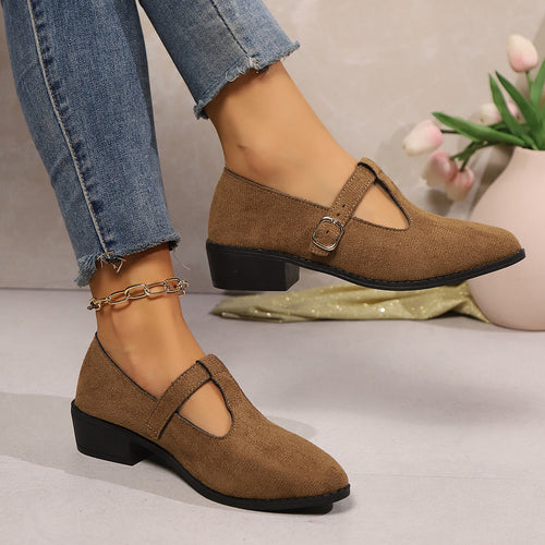 Damen Lack-Mary-Jane-Ballerinas mit spitzer Kappe, verstellbarem Riemen und kleinem Blockabsatz Drune