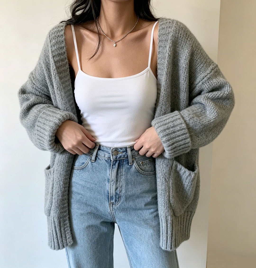 Damen Langer Offener Grobstrick-Cardigan mit aufgesetzten Taschen und gerippten Bündchen Drune