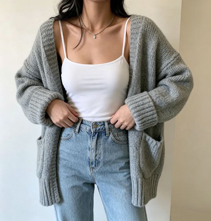 Damen Langer Offener Grobstrick-Cardigan mit aufgesetzten Taschen und gerippten Bündchen Drune