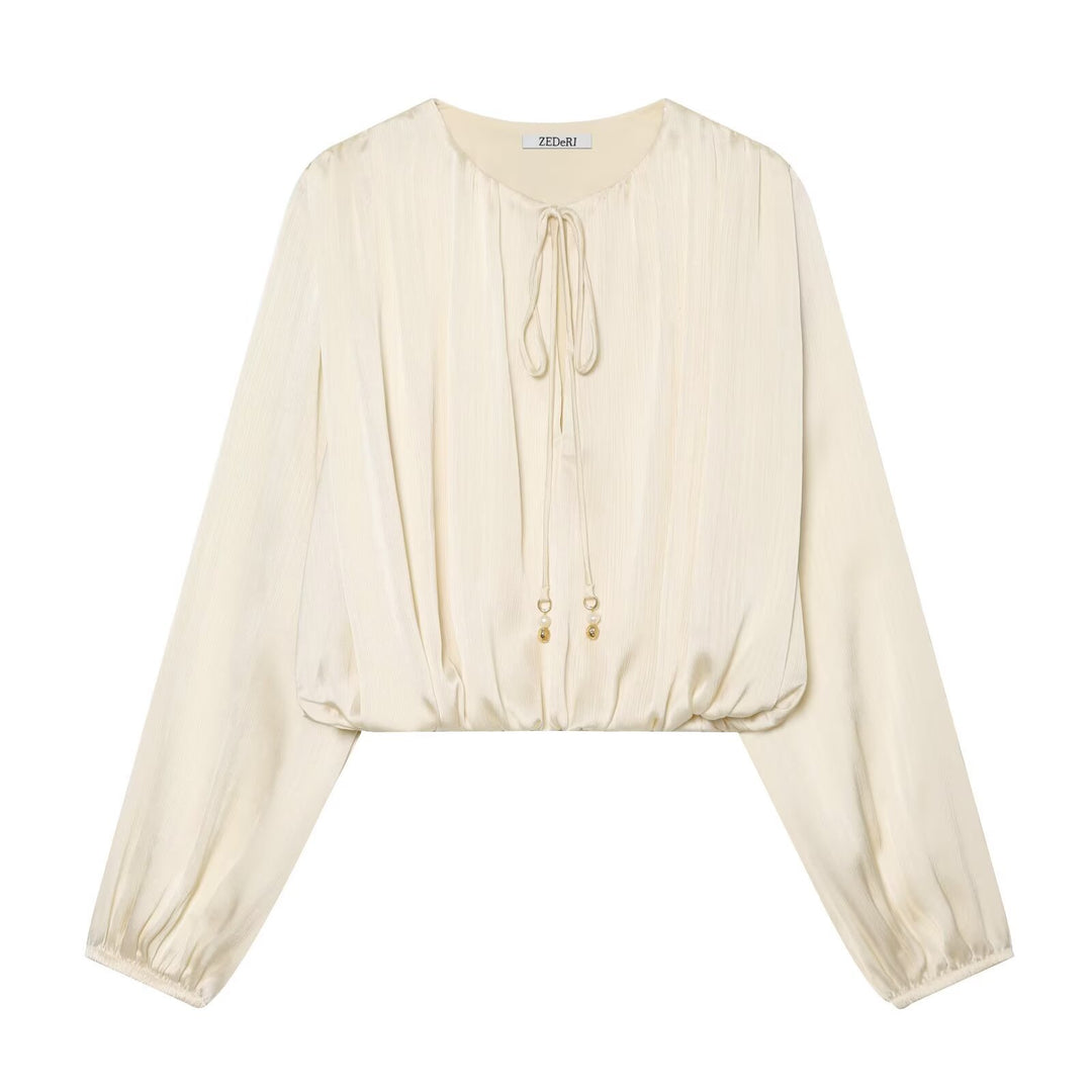 Damen Plissierte Cropped-Bluse mit Kordelzug und Ballonärmeln Drune