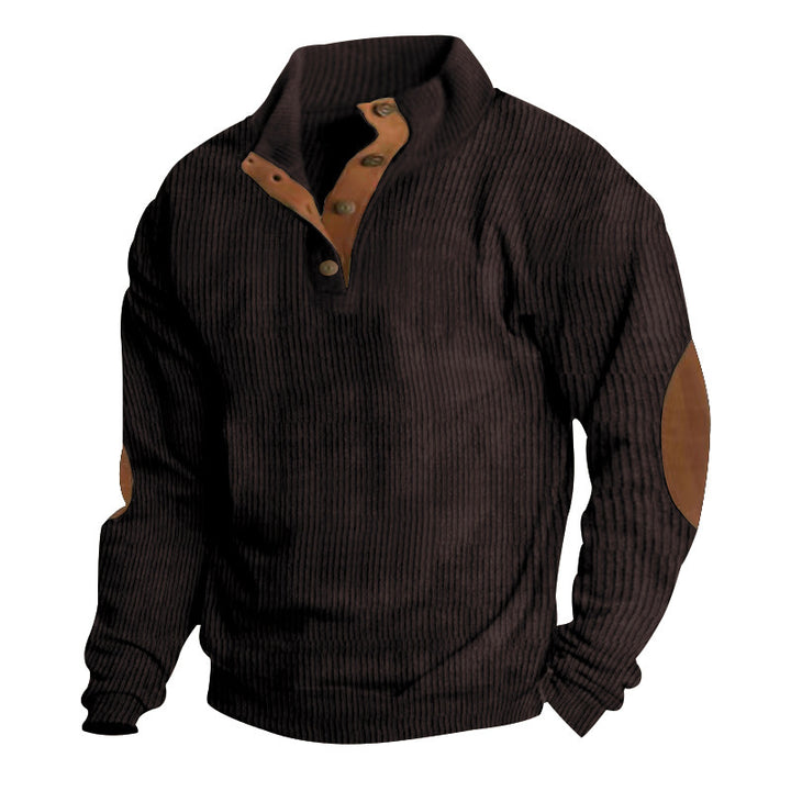 Herren nan grober Rippstrick-Pullover mit Stehkragen, Knopfleiste und markanten Ellenbogenpatches Drune