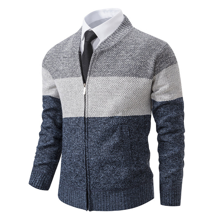 Herren Strukturierte Blockstreifen‑Strickjacke mit Frontzip, Stehkragen und Eingrifftaschen Drune