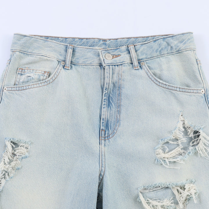 Damen nan weite Destroyed-Jeans mit hoher Bundführung, ausgefransten Cut‑outs und weitem Bein Drune