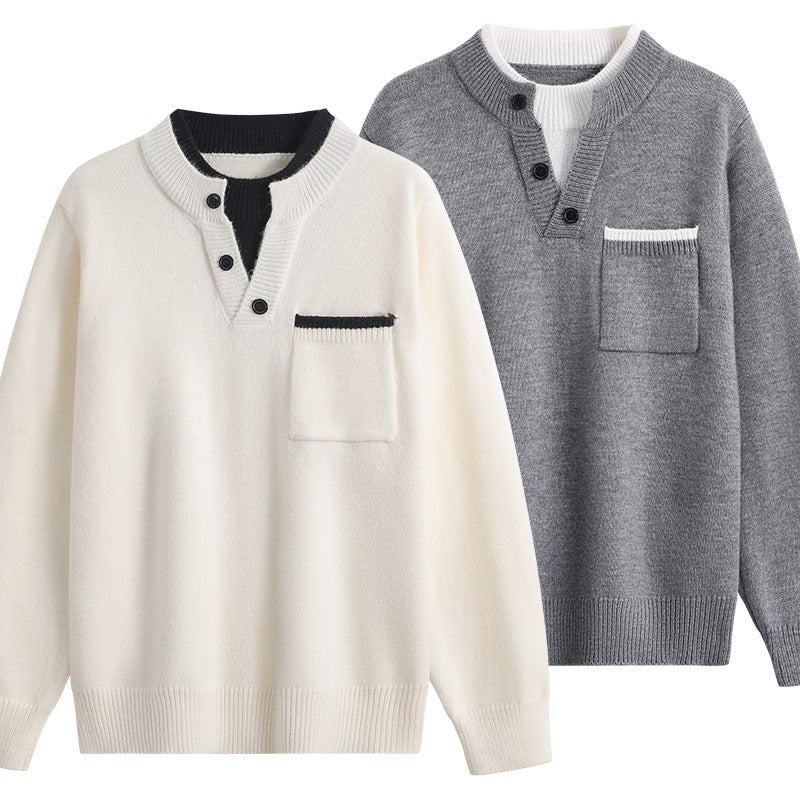 Herren Feinstrick-Henley-Pullover mit Knopfleiste, Brusttasche & Kontrastkragen Drune