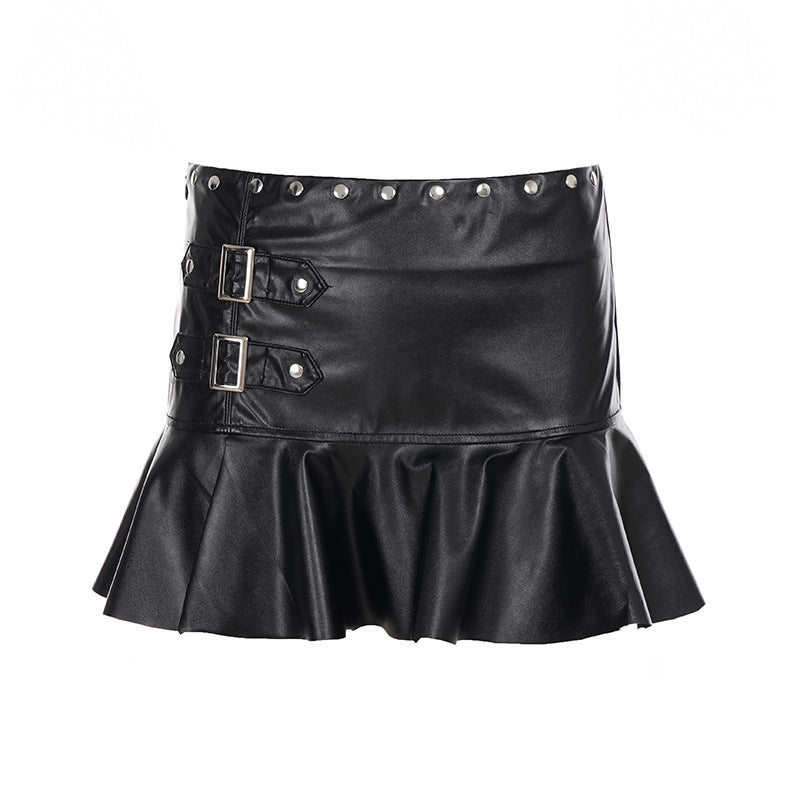 Damen Minirock aus Kunstleder mit Rüschendetails und schickem Gürtel Drune