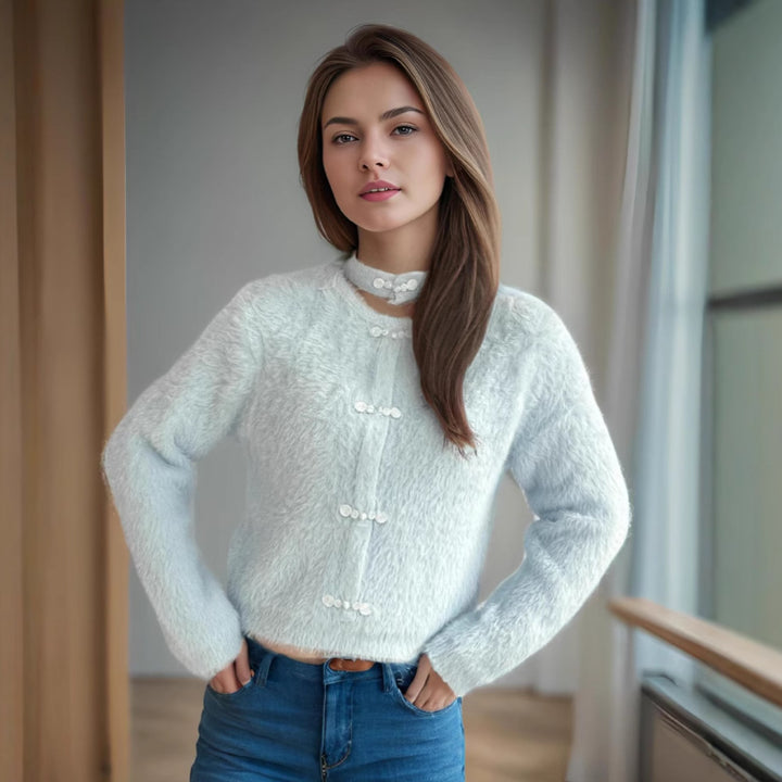 Damen kuscheliger Pullover mit hochgeschlossenem Kragen und dekorativen Knopfdetails Drune