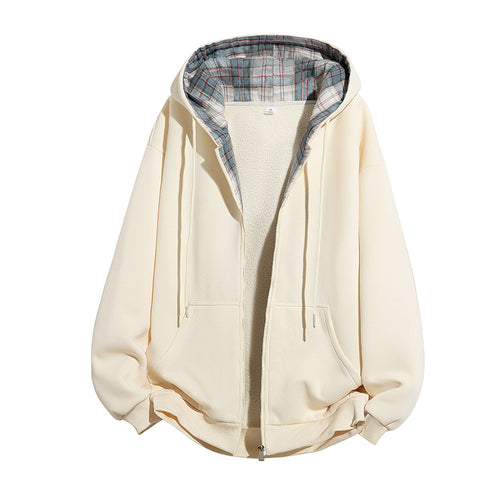 Herren Kapuzenjacke mit Teddy‑Fleece‑Futter und kariertem Kapuzeninnenfutter, durchgehendem Reißverschluss Drune