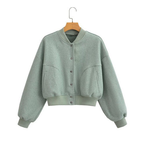 Unisex nan oversized Wollmix Bomberjacke mit geripptem Saum und Druckknopfleiste Drune