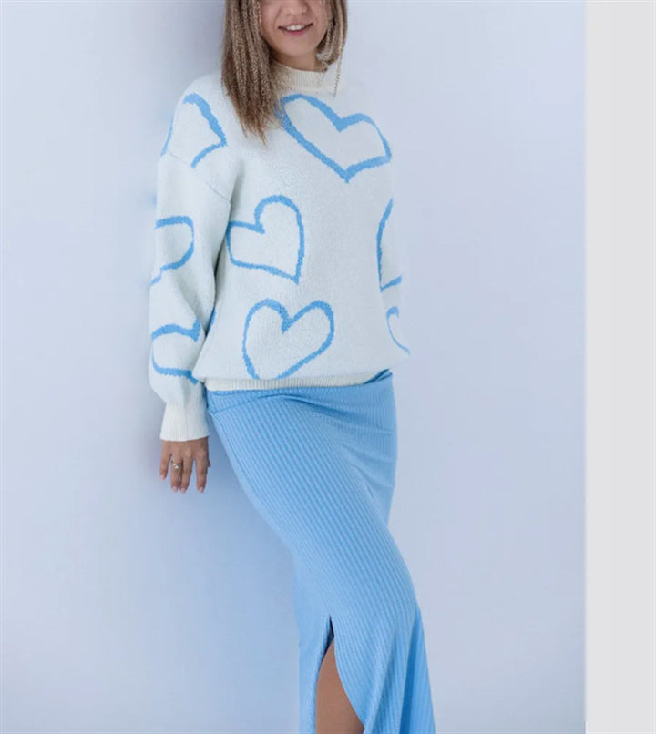 Damen Kuscheliger Jacquard-Pullover mit Herzmotiv und lockerer Oversize-Passform Drune