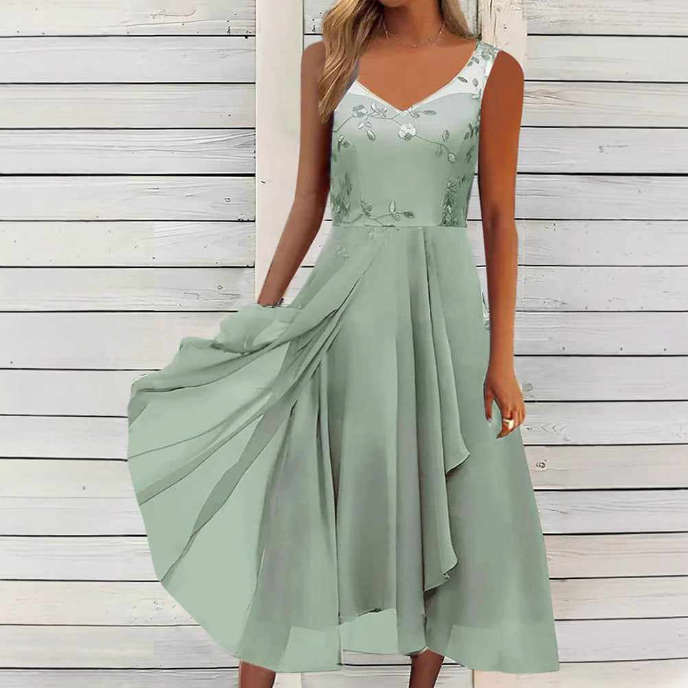Damen nan A-Linien-Chiffonkleid mit floralem Stickoberteil, V-Ausschnitt, drapiertem Godet-Schwung und verdeckten Seitentaschen Drune