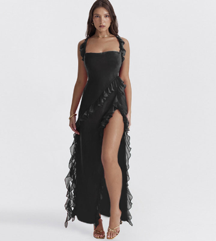 Damen nan langes Abendkleid mit quadratischem Ausschnitt, Schulter-Rüschenträgern und hoher Beinschlitze Drune