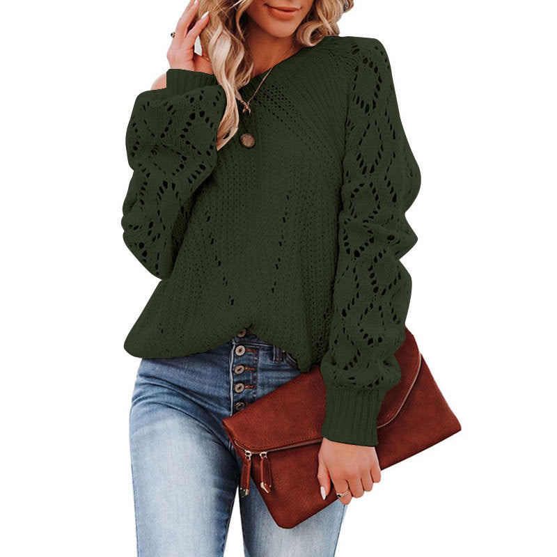 Damen Strickpullover mit modischem Lochmuster und voluminösen Ärmeln Drune