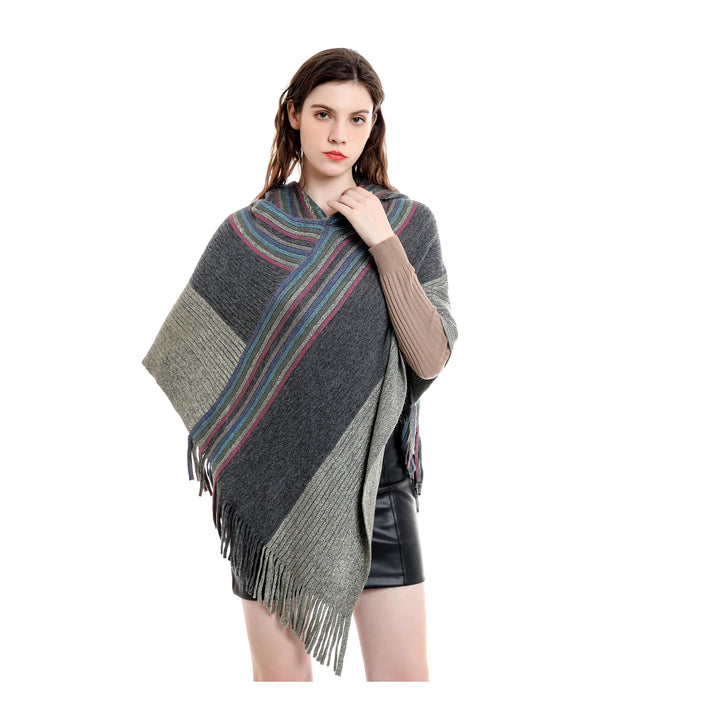 Damen Kapuzen-Poncho im Grobstrick mit Fransensaum Drune