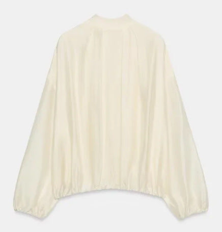 Damen Gestreifte Cropped Blousonjacke mit Stehkragen, Reißverschluss und Ballonärmeln Drune