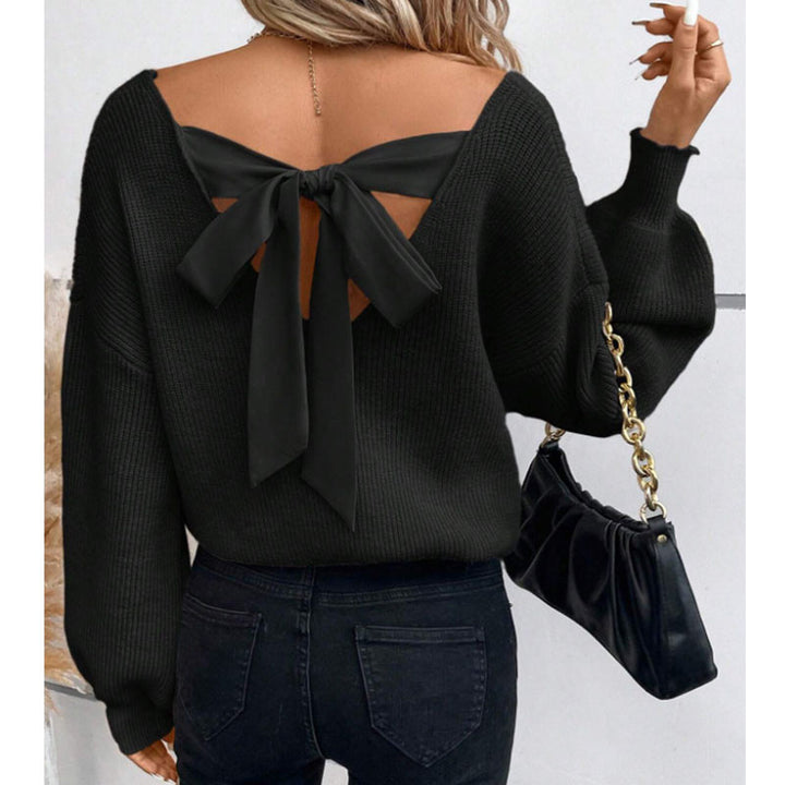 Damen Strickpullover mit tiefem V-Ausschnitt und dekorativem Schleifen-Detail Drune