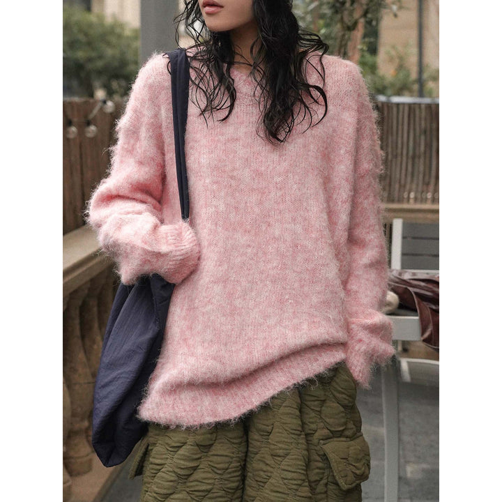 Damen Weicher Oversize Mohair‑Optik Pullover mit geripptem Saum und Rundhalsausschnitt Drune
