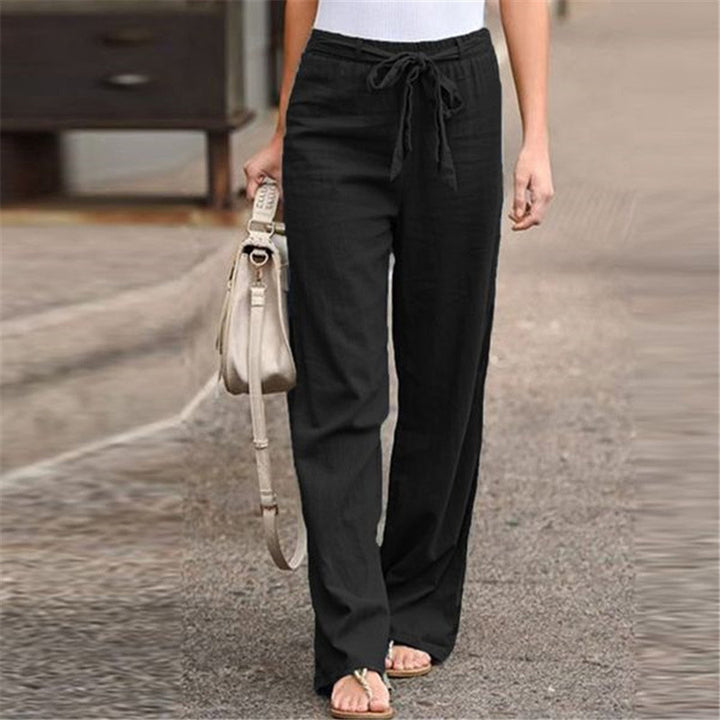 Damen bequeme Leinenhose mit elastischem Bund und verstellbarem Bindegürtel Drune