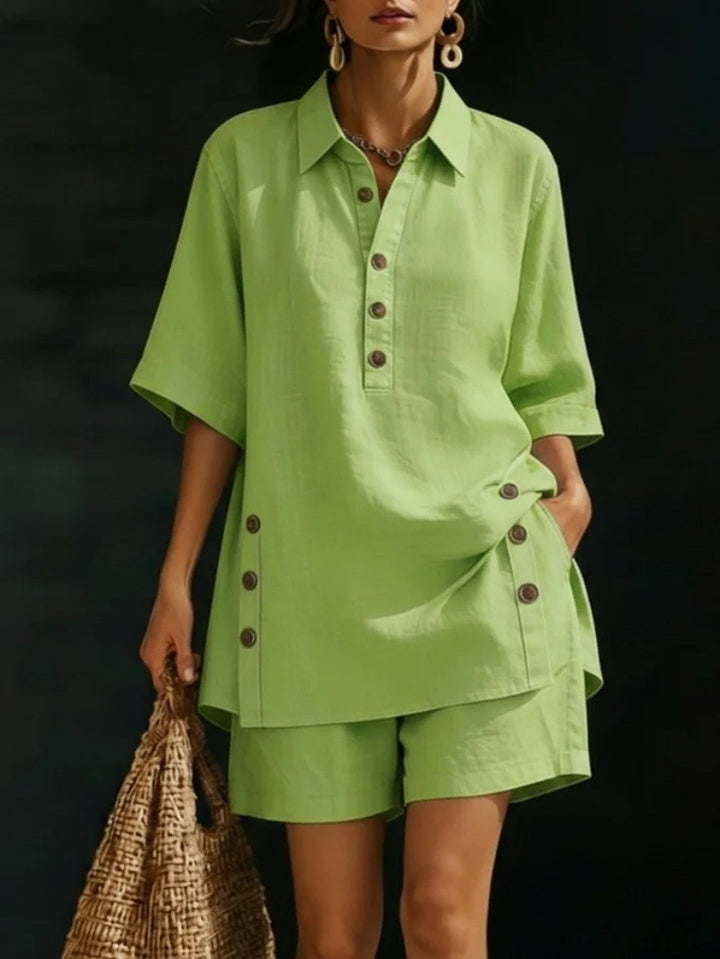 Damen nan luftiges Leinenoptik-Zweiteiler mit Oversize-Hemdbluse, Knopfleiste und Bermuda-Shorts Drune