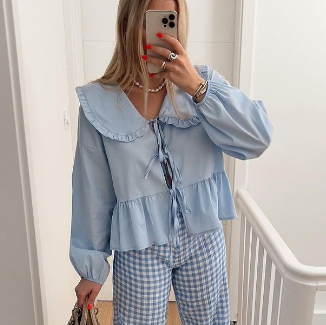 Damen verspielte Bluse mit Rüschensaum und oversized Kragen Drune