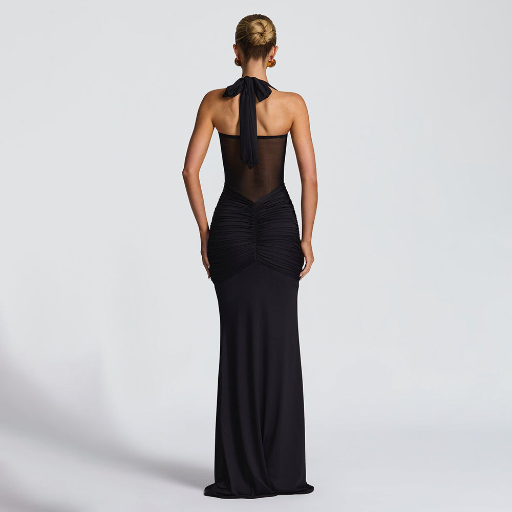 Damen elegantes Maxikleid mit schmeichelnder Raffung und Halterneck Drune