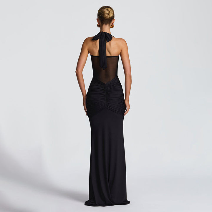 Damen elegantes Maxikleid mit schmeichelnder Raffung und Halterneck Drune