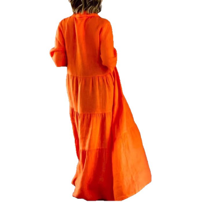 Damen nan sommerliches Leinenmix Stufenmaxikleid mit Hemdkragen, geraffter Taille und ellbogenlangen Ärmeln Drune