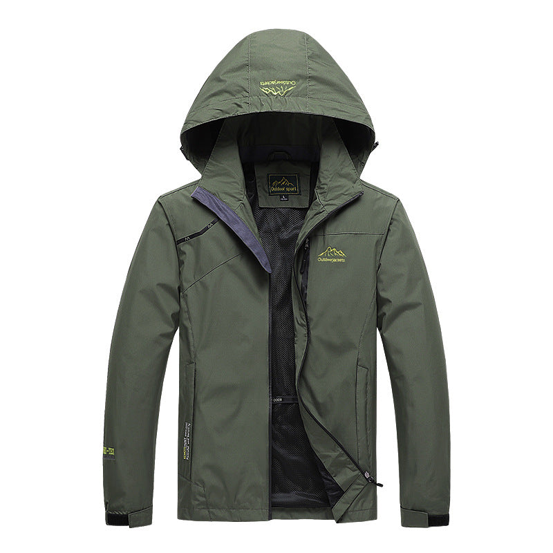 Herren atmungsaktive Softshell-Trekkingjacke mit verstaubarer Kapuze, Netzfutter und multifunktionalen Reißverschlusstaschen Drune