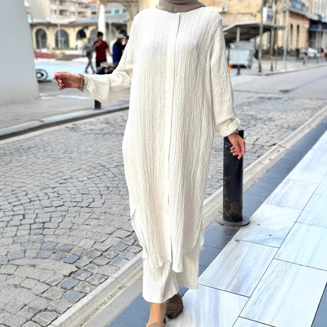 Damen Langes Crinkle-Kaftankleid mit Ballonärmeln und Stehkragenoptik Drune