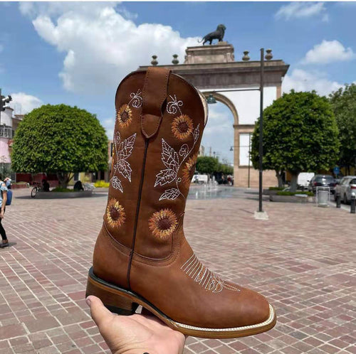 Damen Cowboy-Stiefel mit floralem Stickdesign und robustem Blockabsatz Drune