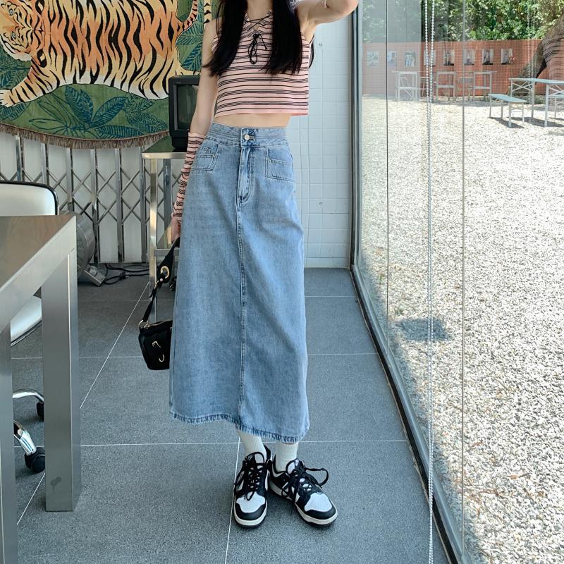 Damen Lässiger Midi-Denimrock mit seitlichen Schlitzen Drune