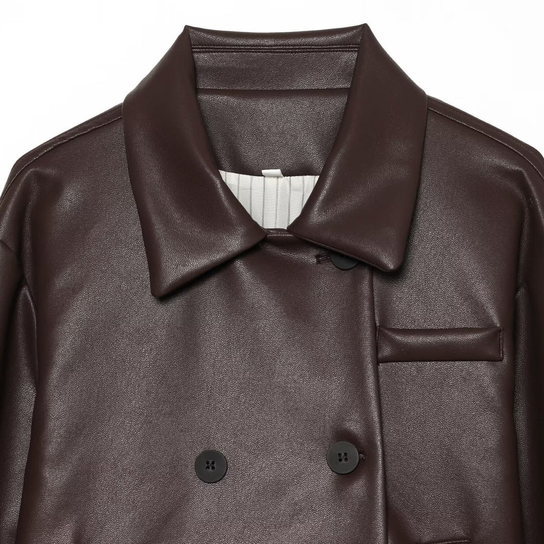 Damen Kurzer Kunstleder-Blouson mit doppelreihiger Knopfleiste und kastiger Silhouette Drune