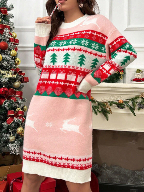 Damen Winter-Strickkleid mit festlichem Weihnachtsmotiv und langem Schnitt Drune