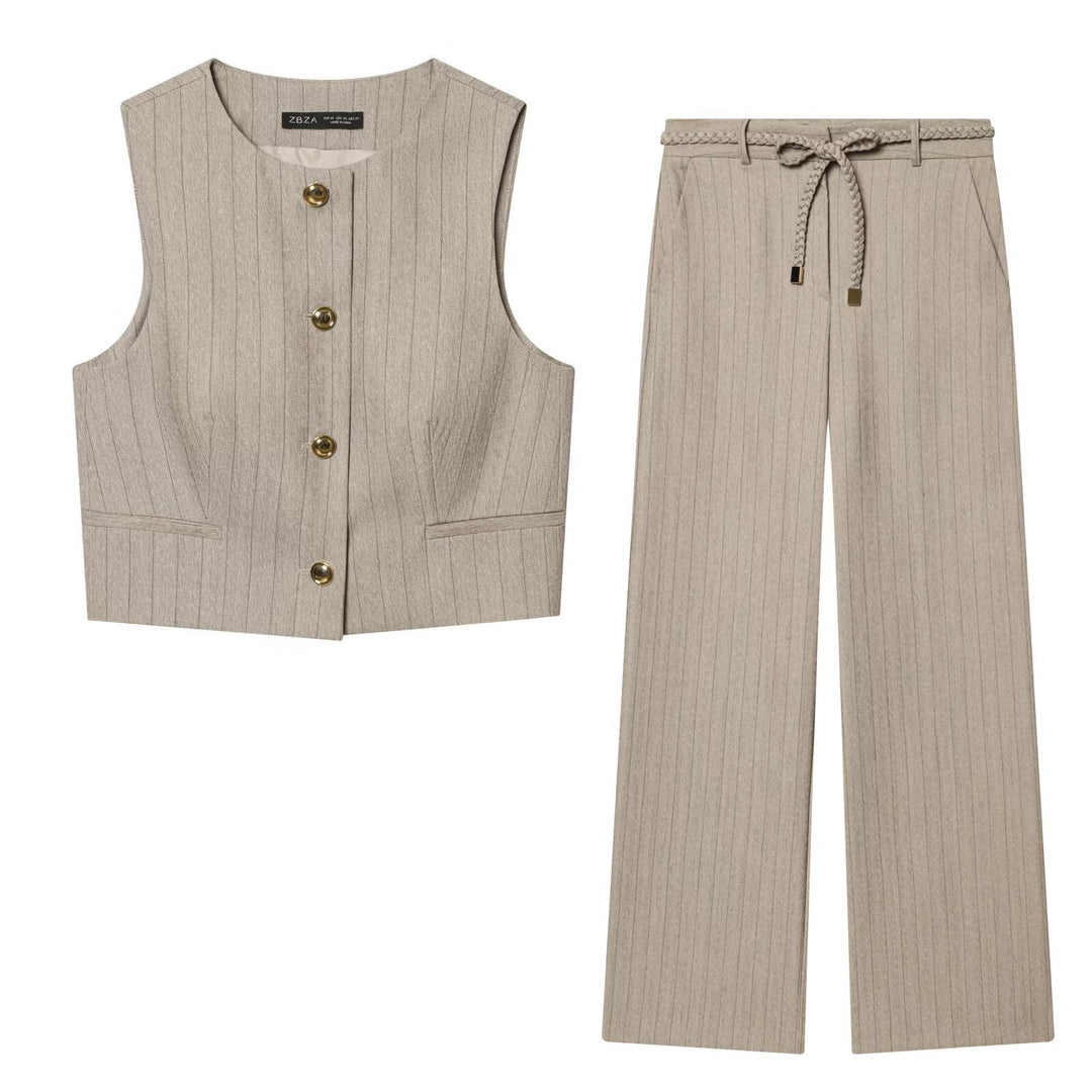 Damen elegante, weit geschnittene Hochbundhose mit geometrischem Streifenmuster Drune
