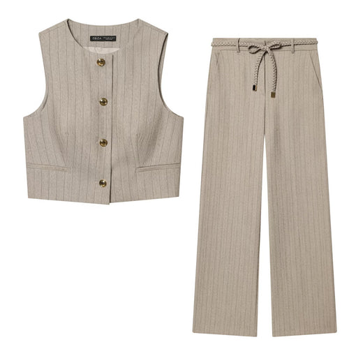 Damen elegante, weit geschnittene Hochbundhose mit geometrischem Streifenmuster Drune