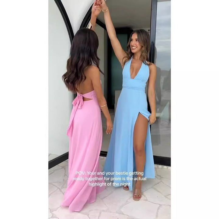 Damen Halfter Maxikleid mit hohem Beinschlitz und figurbetontem Schnitt Drune