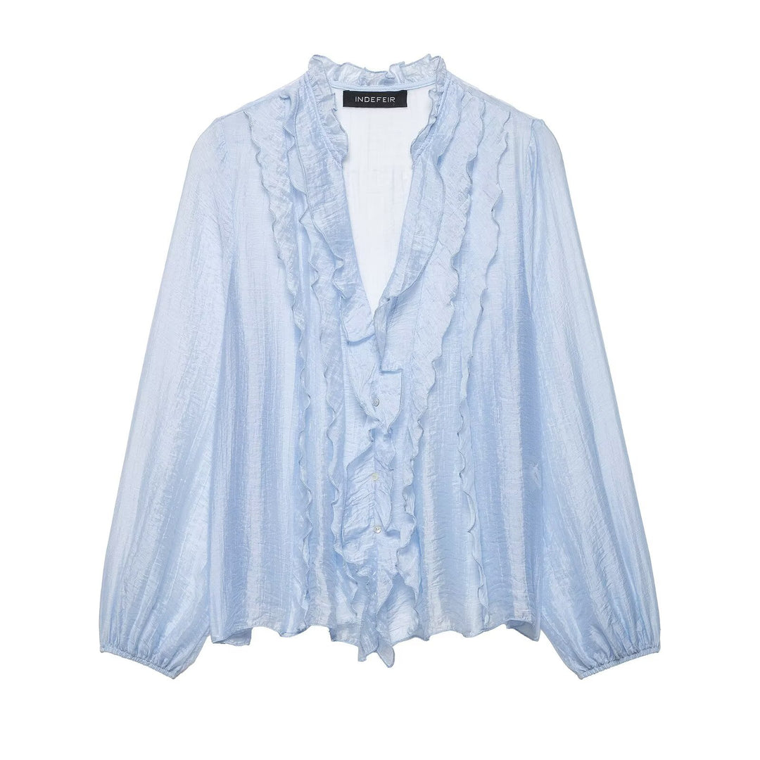 Damen Leichte Chiffon-Bluse mit Volantknopfleiste und Ballonärmeln Drune