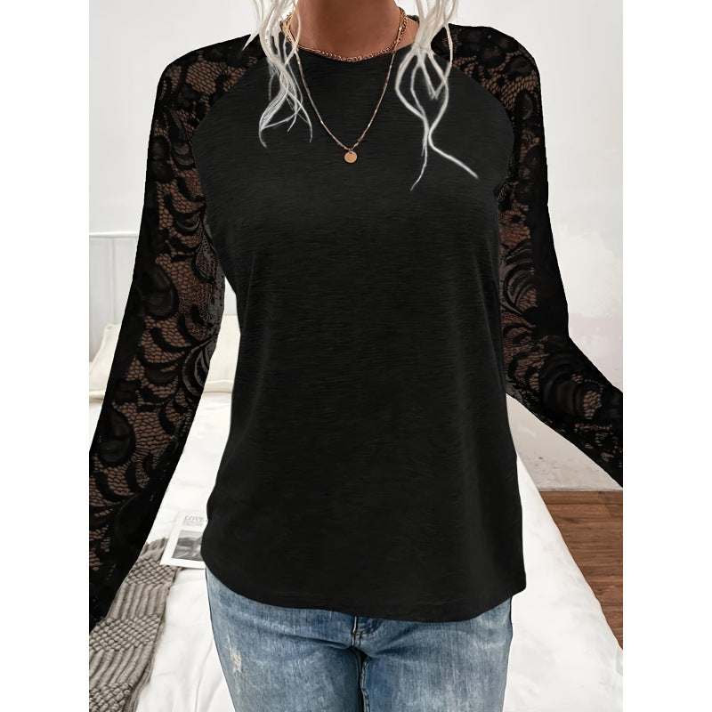 Damen Langarmshirt mit Spitzenärmeln und lässigem Schnitt Drune
