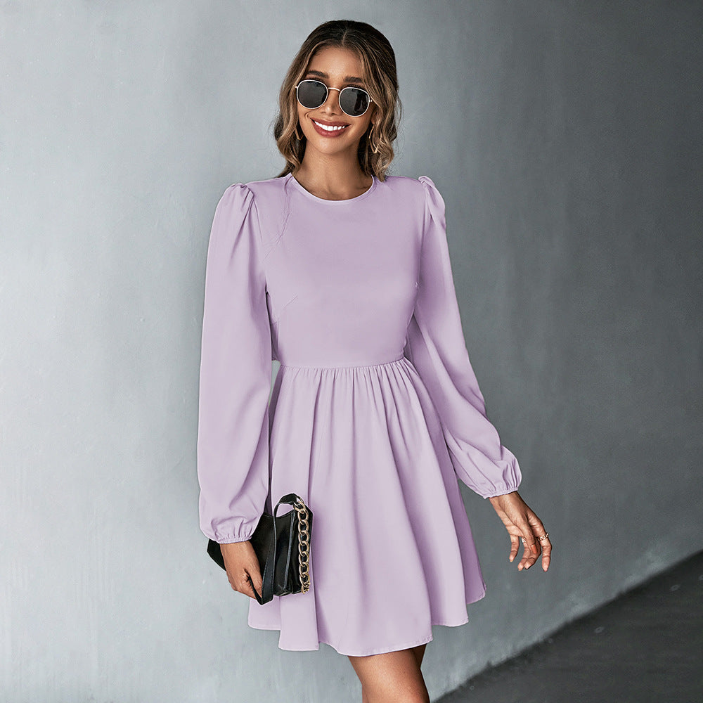 Damen schickes Cocktailkleid mit geraffter Taille, langen Ballonärmeln und rundem Ausschnitt Drune