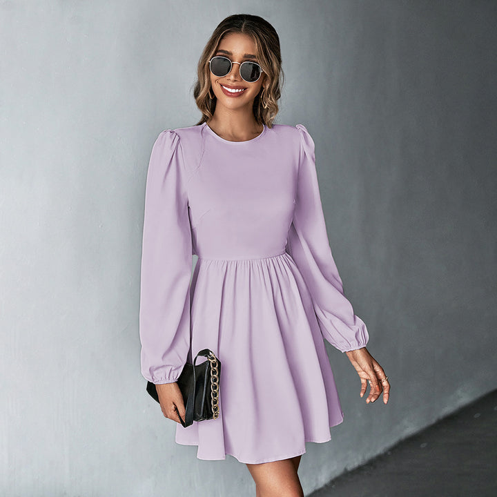 Damen schickes Cocktailkleid mit geraffter Taille, langen Ballonärmeln und rundem Ausschnitt Drune