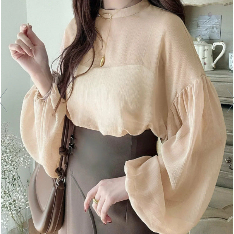 Damen elegante Bluse mit voluminösen Ärmeln und zeitlosem Rundhalsausschnitt Drune