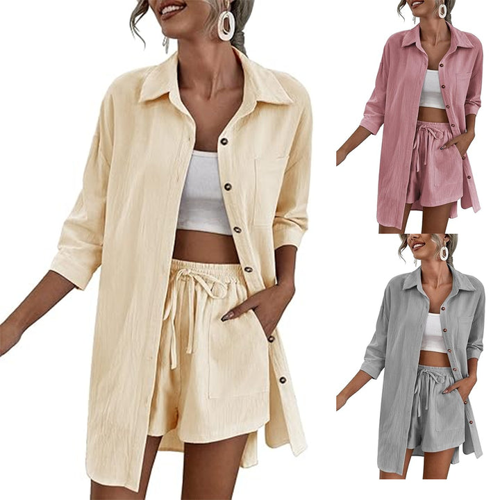 Damen Leichtes Longline-Hemdjacken-Set mit elastischer High-Waist-Shorts Drune