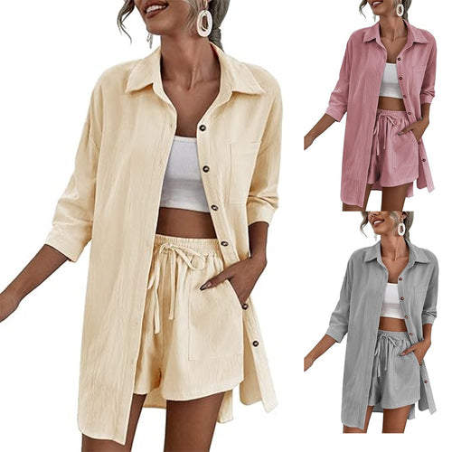 Damen Leichtes Longline-Hemdjacken-Set mit elastischer High-Waist-Shorts Drune