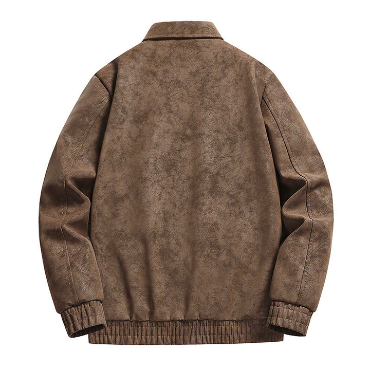 Herren Kurz geschnittene Velourslederimitat-Bomberjacke mit Hemdkragen, durchgehendem Reißverschluss & gerippten Bündchen Drune