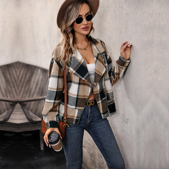 Damen Modische Karo Jacke mit Kragen Drune
