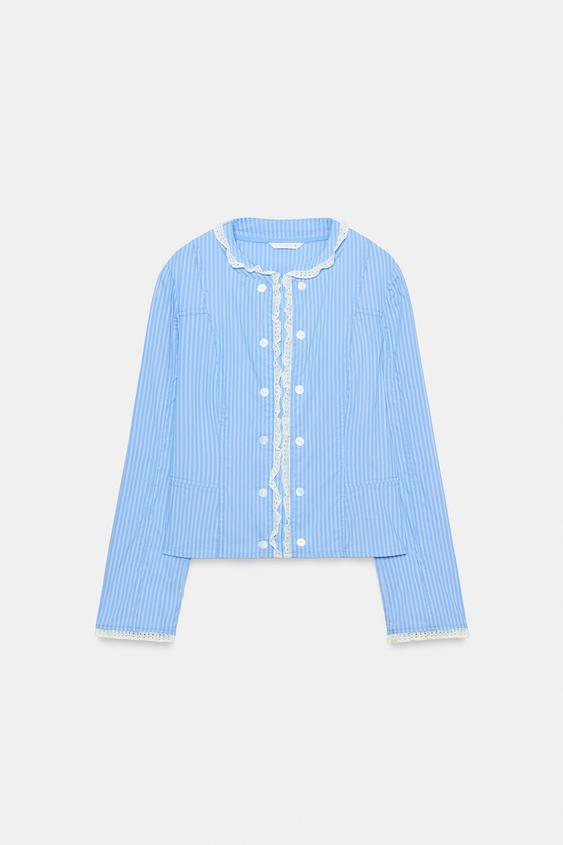 Damen Cropped gestreifte Baumwoll‑Blusenjacke mit Spitzenbesatz und doppelter Knopfleiste Drune
