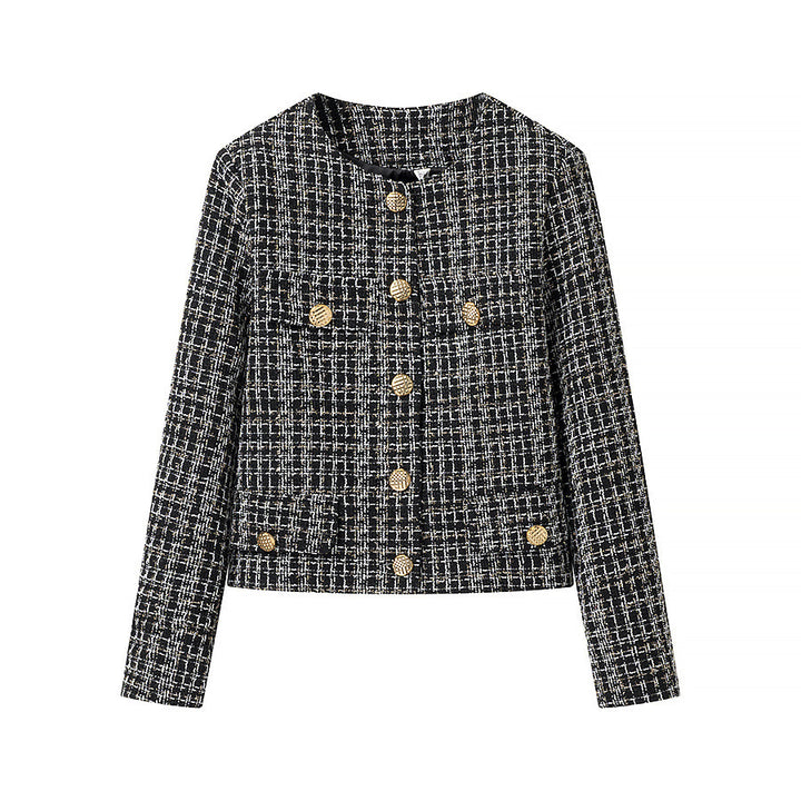 Damen Bouclé-Tweed-Jacke mit Rundhalsausschnitt, goldenen Zierknöpfen und aufgesetzten Taschen Drune